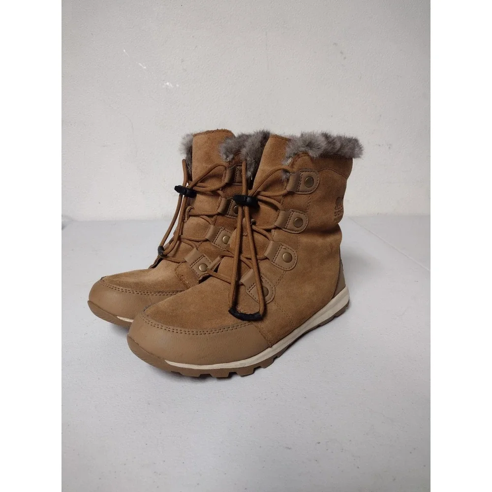 Sorel‎ Whitney Short Lace Waterproof Boots Elk Brown Suede Faux Fur Womens 7